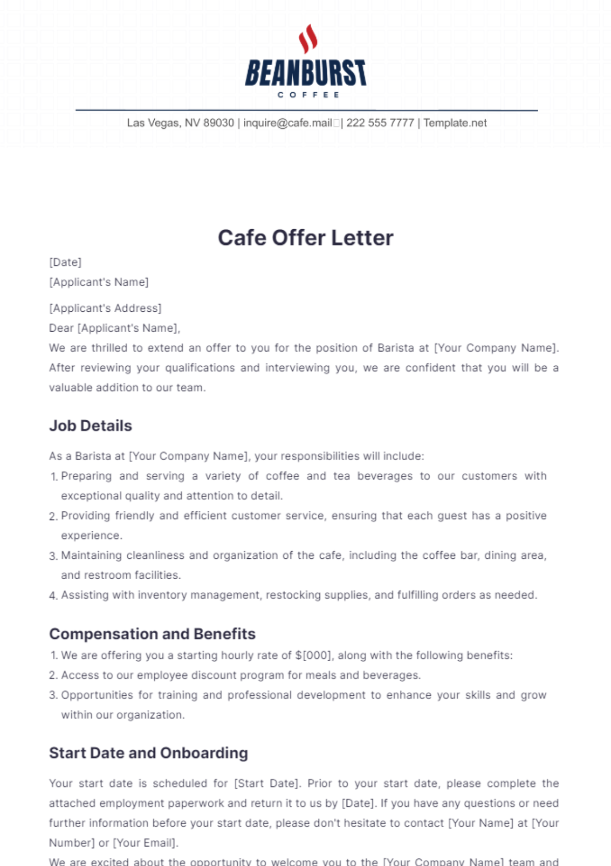 Cafe Offer Letter Template - Edit Online & Download