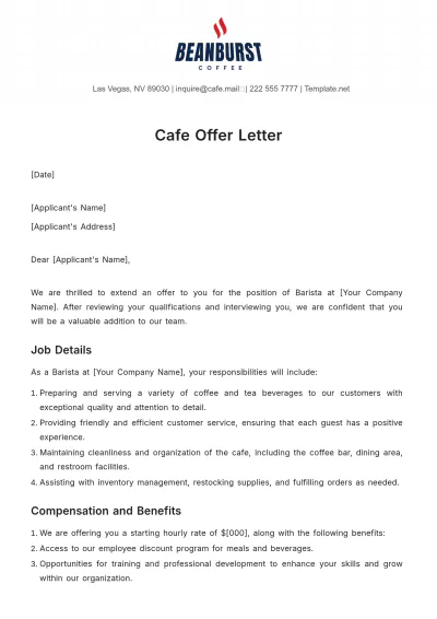 Free Cafe Offer Letter Template to Edit Online