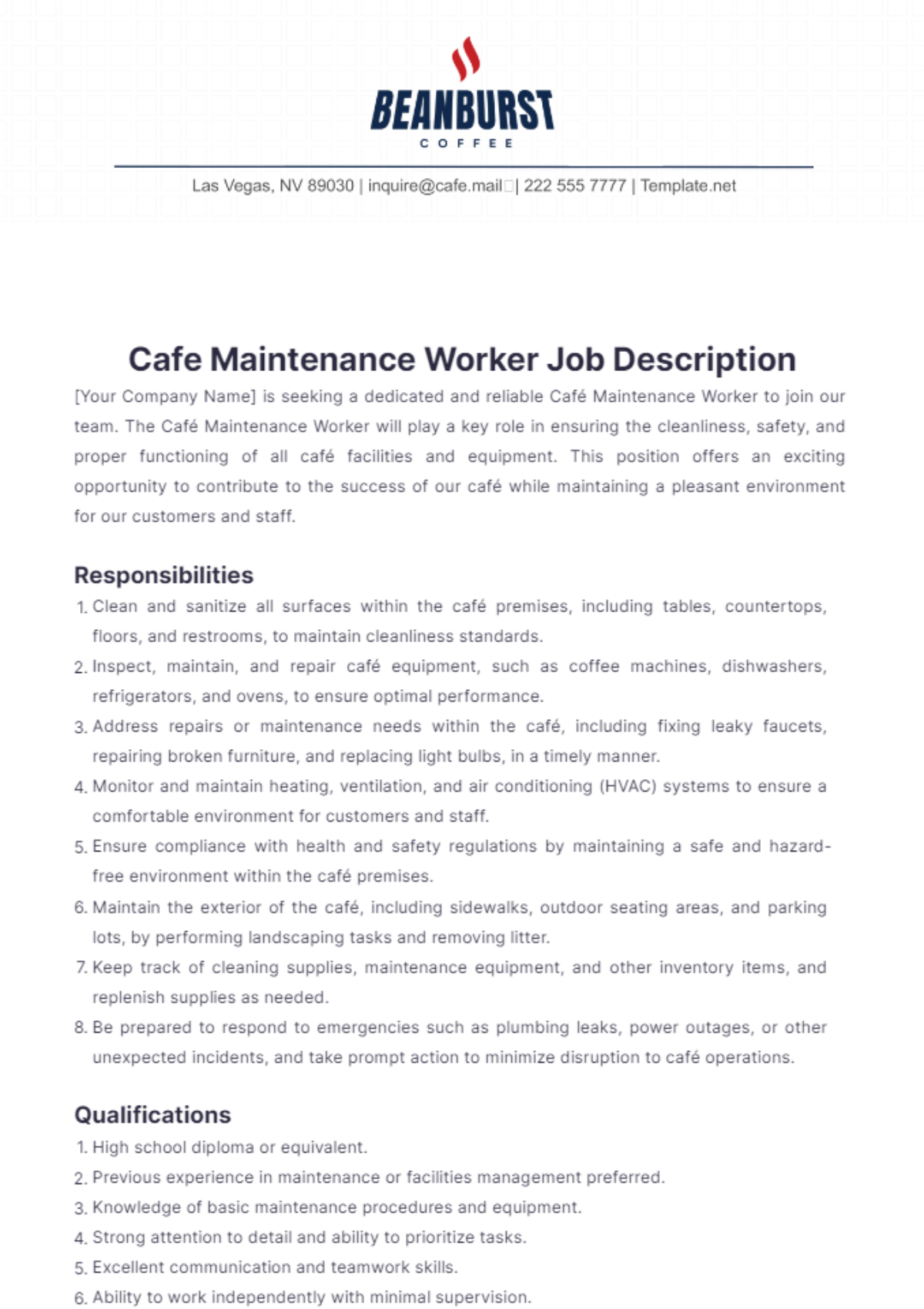 Cafe Maintenance Worker Job Description Template - Edit Online & Download