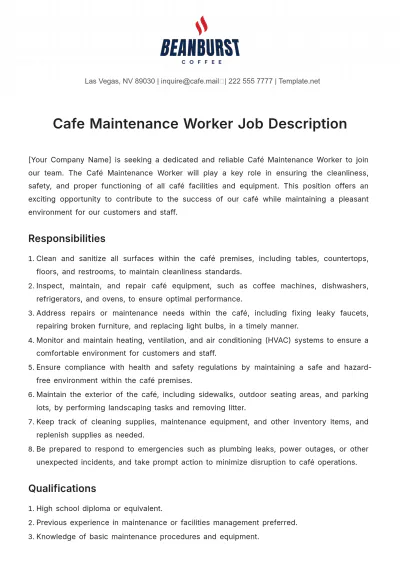 Free Cafe Maintenance Worker Job Description Template to Edit Online