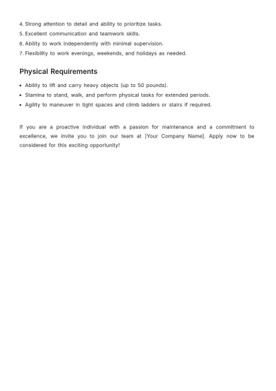 Free Cafe Maintenance Worker Job Description Template to Edit Online