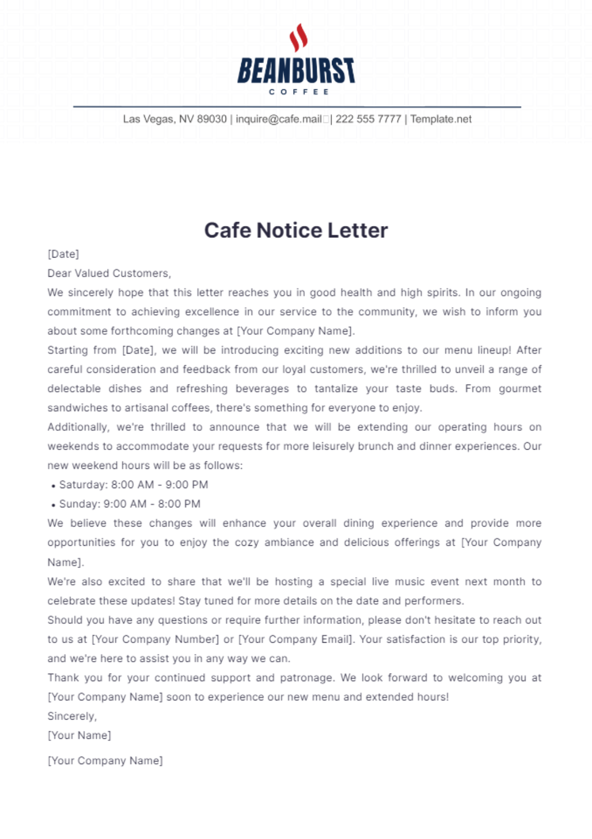 Cafe Notice Letter Template - Edit Online & Download