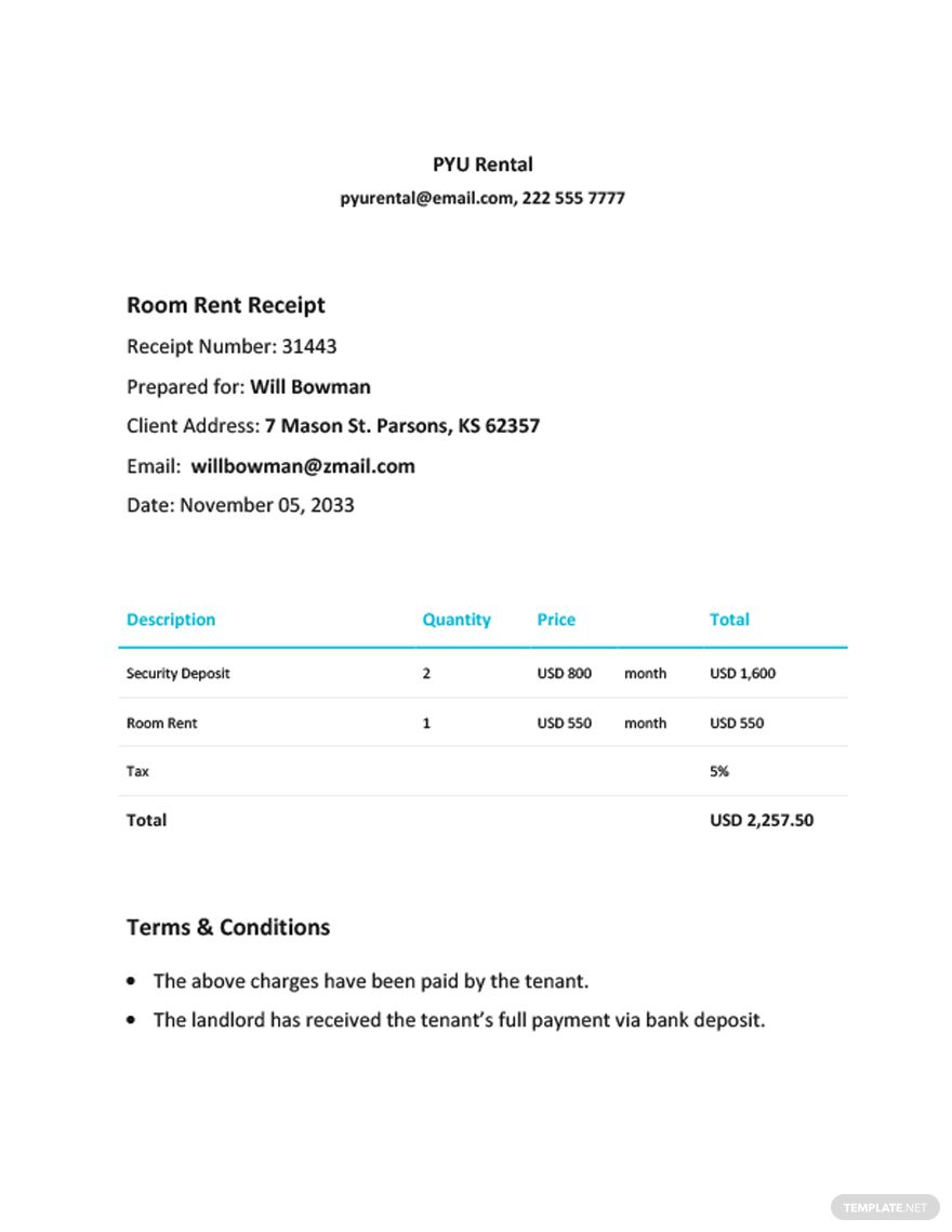 Room Rent Receipt Template in Word, Google Docs, PDF, Google Sheets, Apple Pages