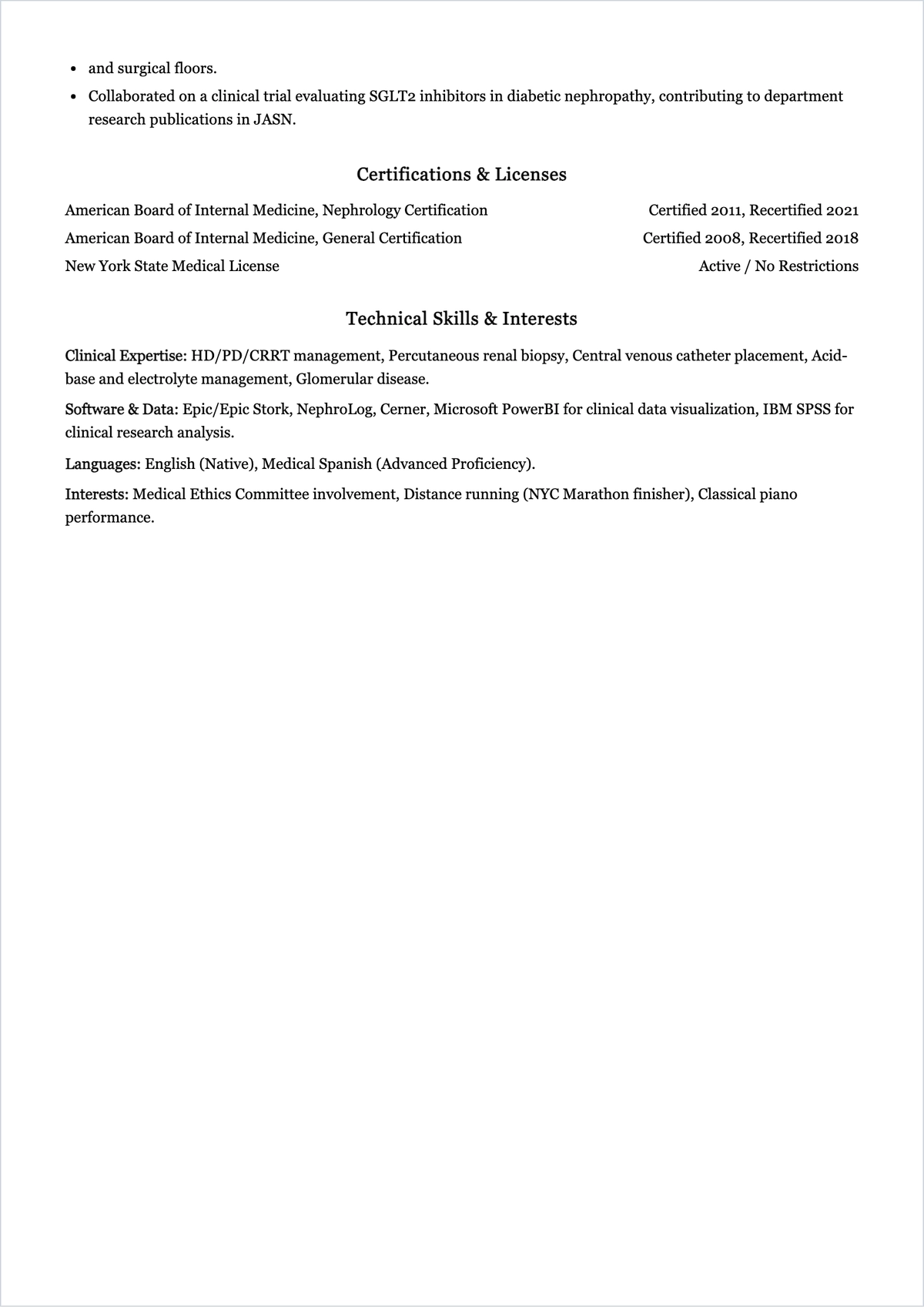 Free Nephrologist Doctor ATS Resume Template, AI Resume Builder