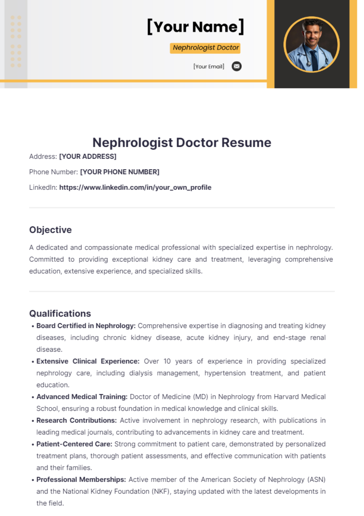 Nephrologist Doctor Resume - Edit Online & Download