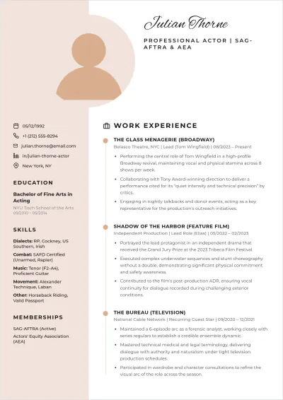 Free Professional Actor ATS Resume Template, AI Resume Builder