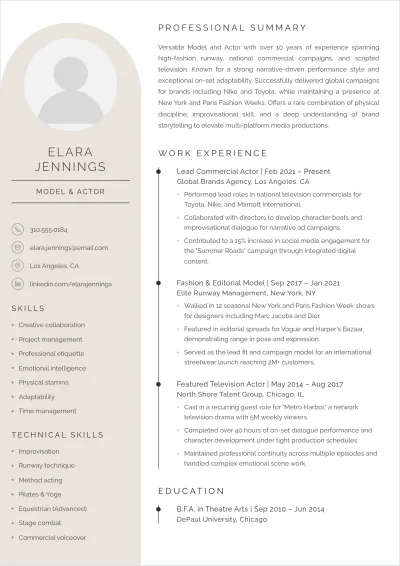 Free Model Actor ATS Resume Template, AI Resume Builder