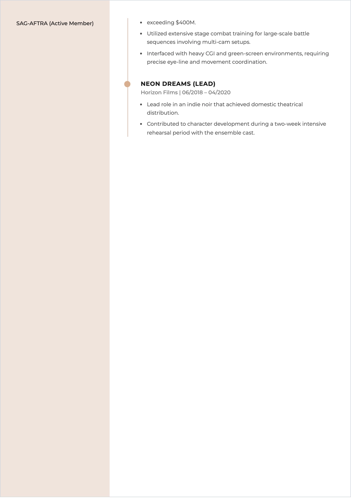 Free Movie Actor ATS Resume Template, AI Resume Builder