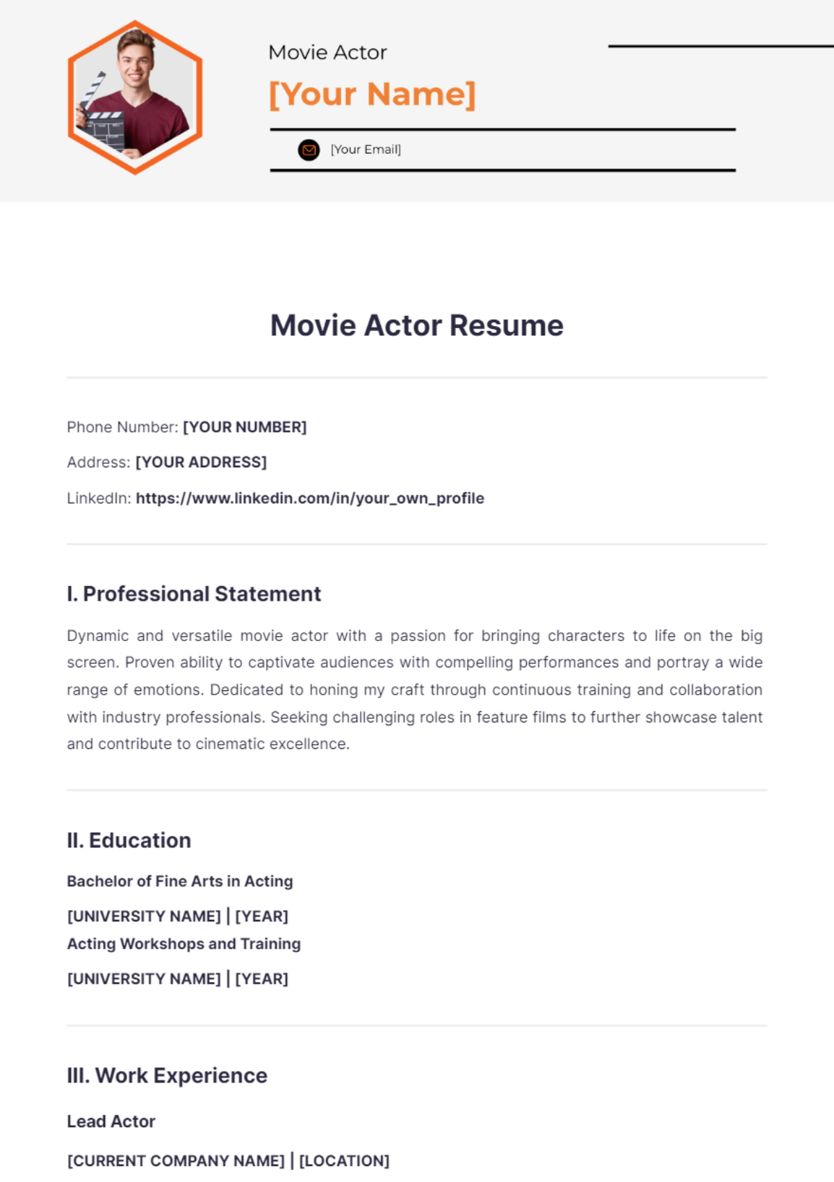 Free Movie Actor Resume Template to Edit Online