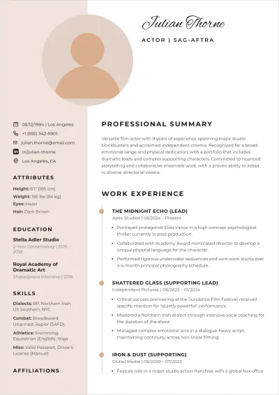 Free Movie Actor ATS Resume Template, AI Resume Builder