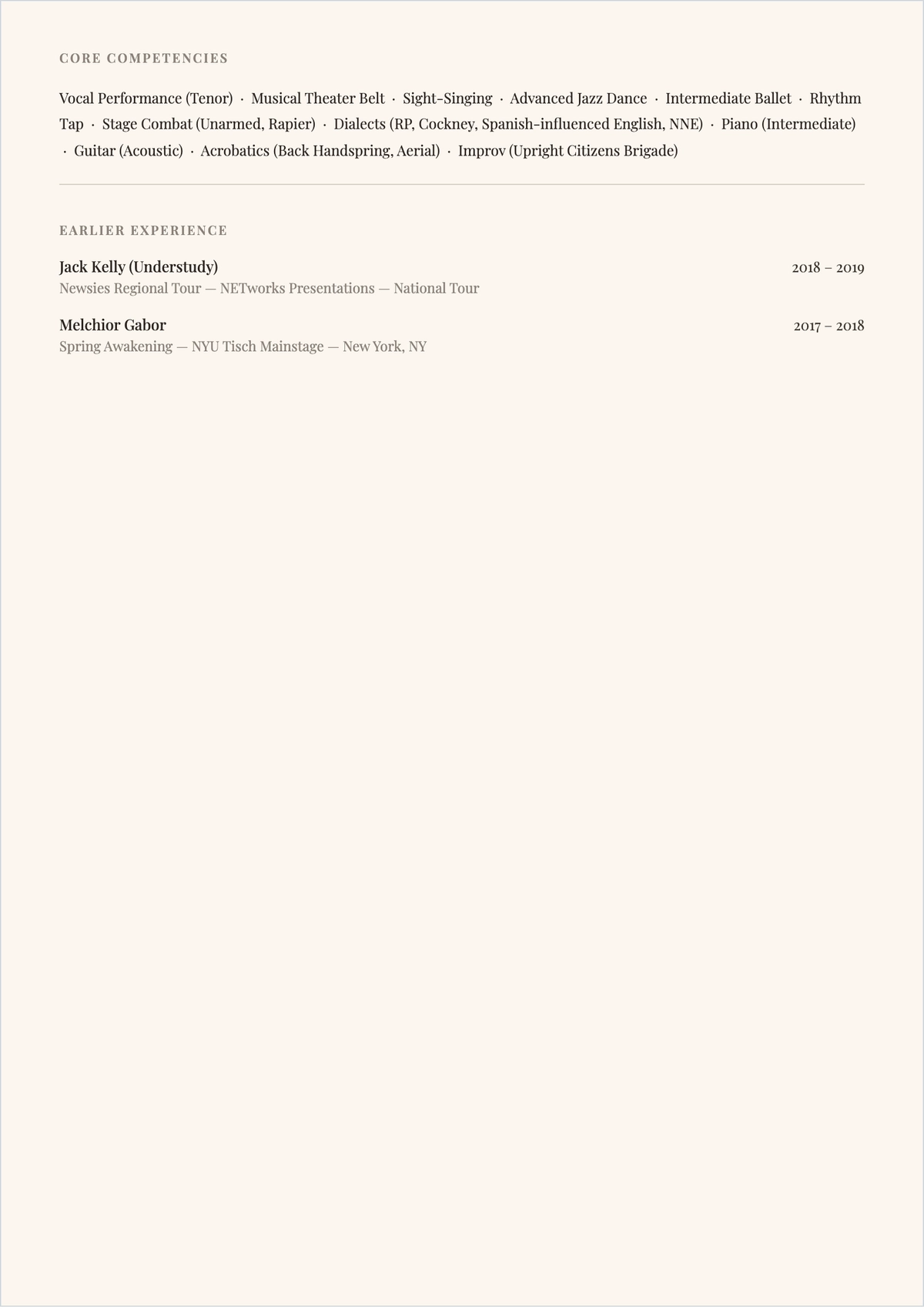 Free Musical Theater Actor ATS Resume Template, AI Resume Builder