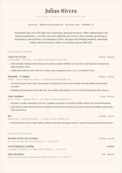 Free Musical Theater Actor ATS Resume Template, AI Resume Builder