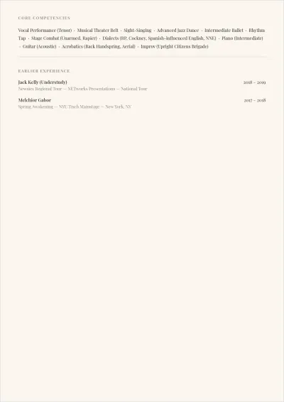 Free Musical Theater Actor ATS Resume Template, AI Resume Builder