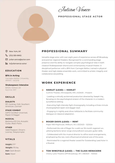 Free Stage Actor ATS Resume Template, AI Resume Builder