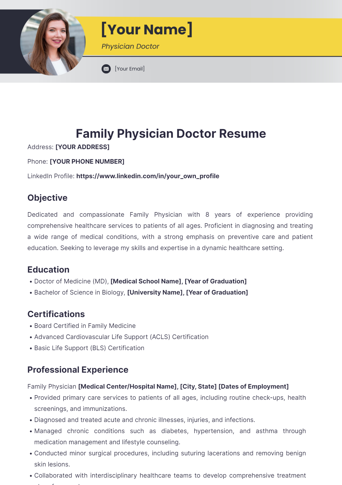 Family Physician Doctor Resume - Edit Online & Download