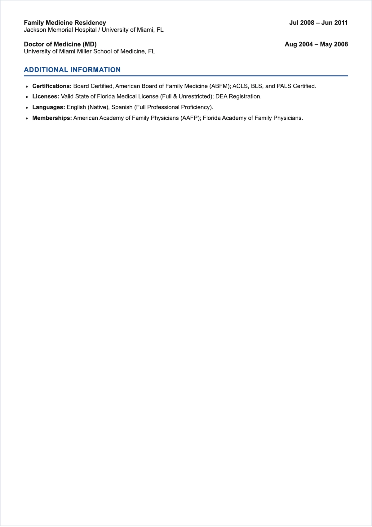 Free Family Physician Doctor ATS Resume Template, AI Resume Builder