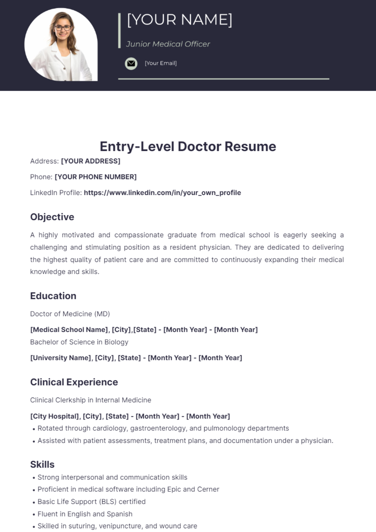 Entry-Level Doctor Resume - Edit Online & Download