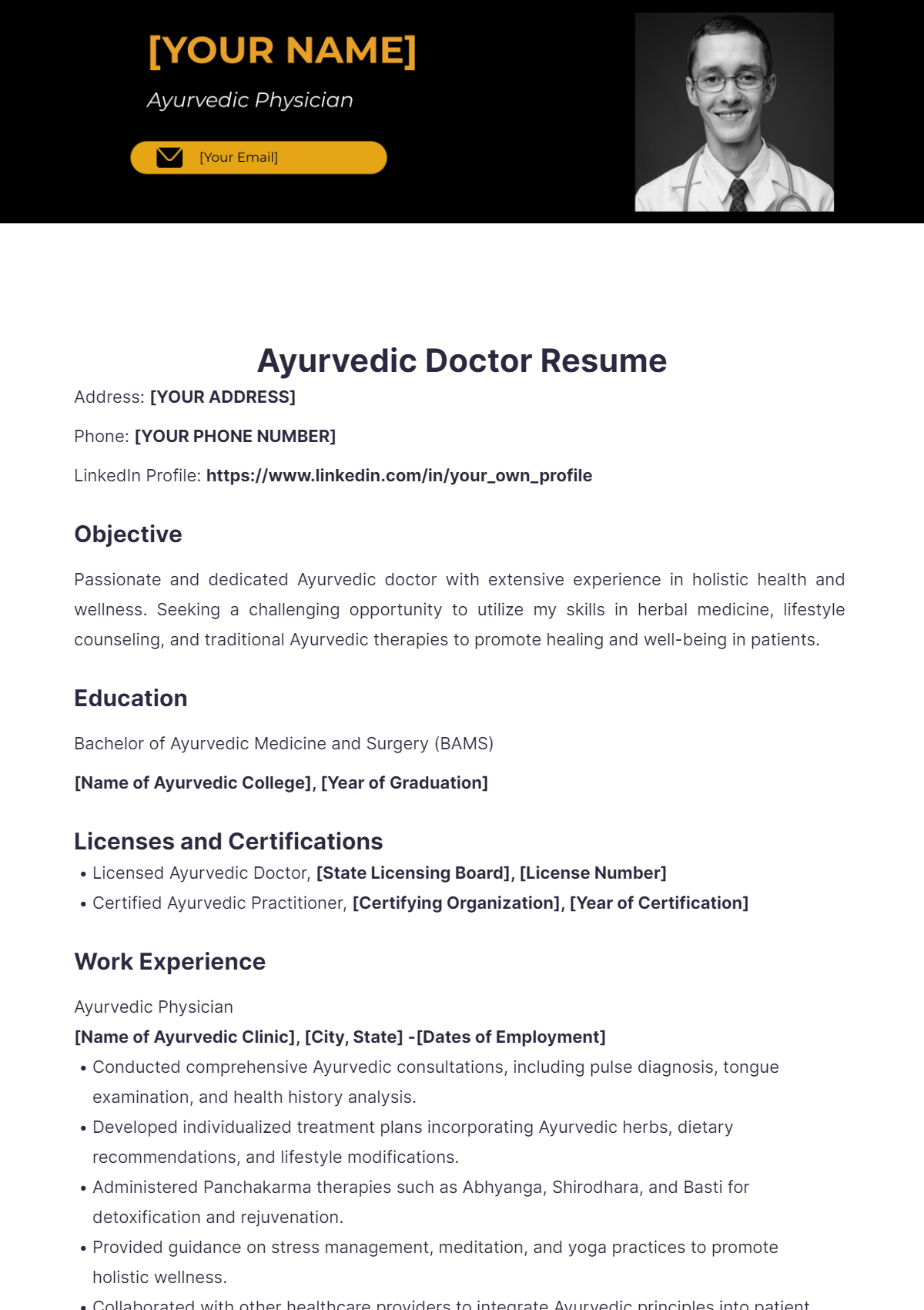 Ayurvedic Doctor Resume - Edit Online & Download