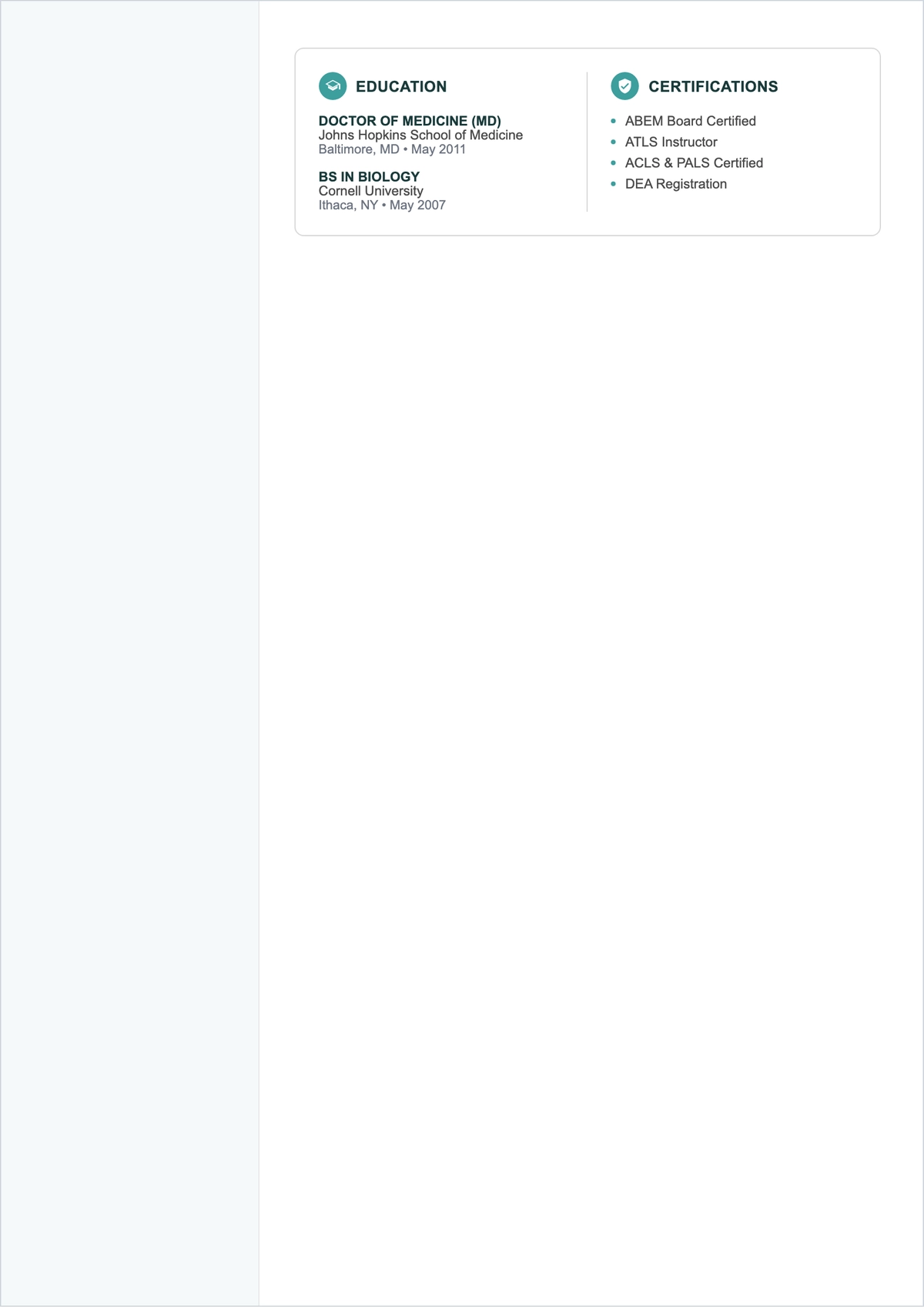 Free Emergency Doctor ATS Resume Template, AI Resume Builder