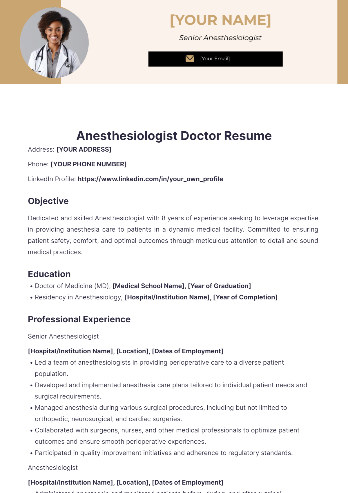 Anesthesiologist Doctor Resume - Edit Online & Download