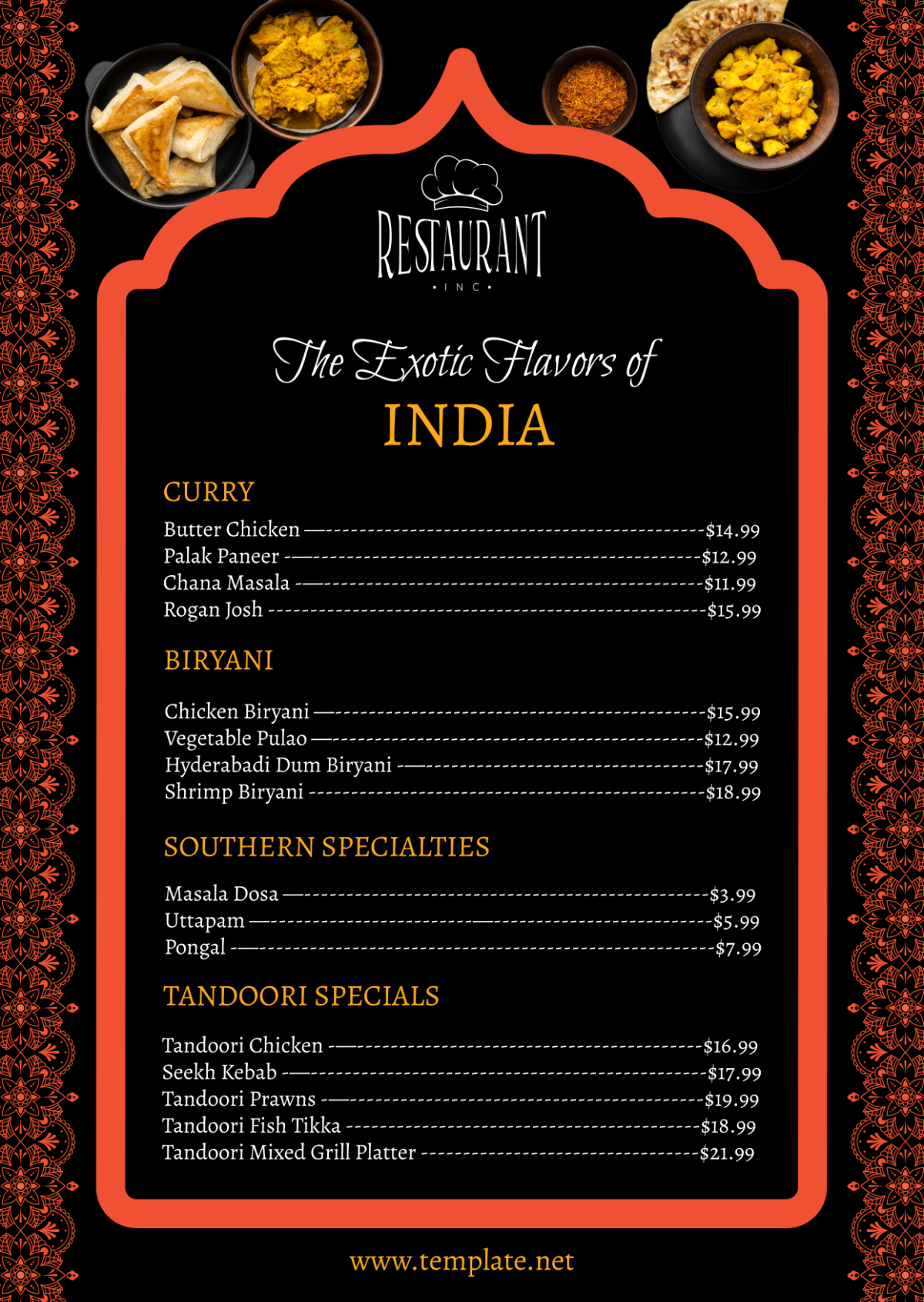 Indian Restaurant Menu