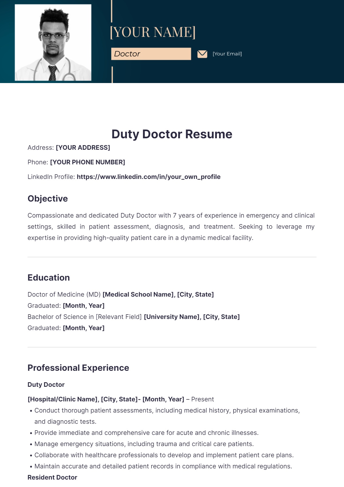 Duty Doctor Resume - Edit Online & Download