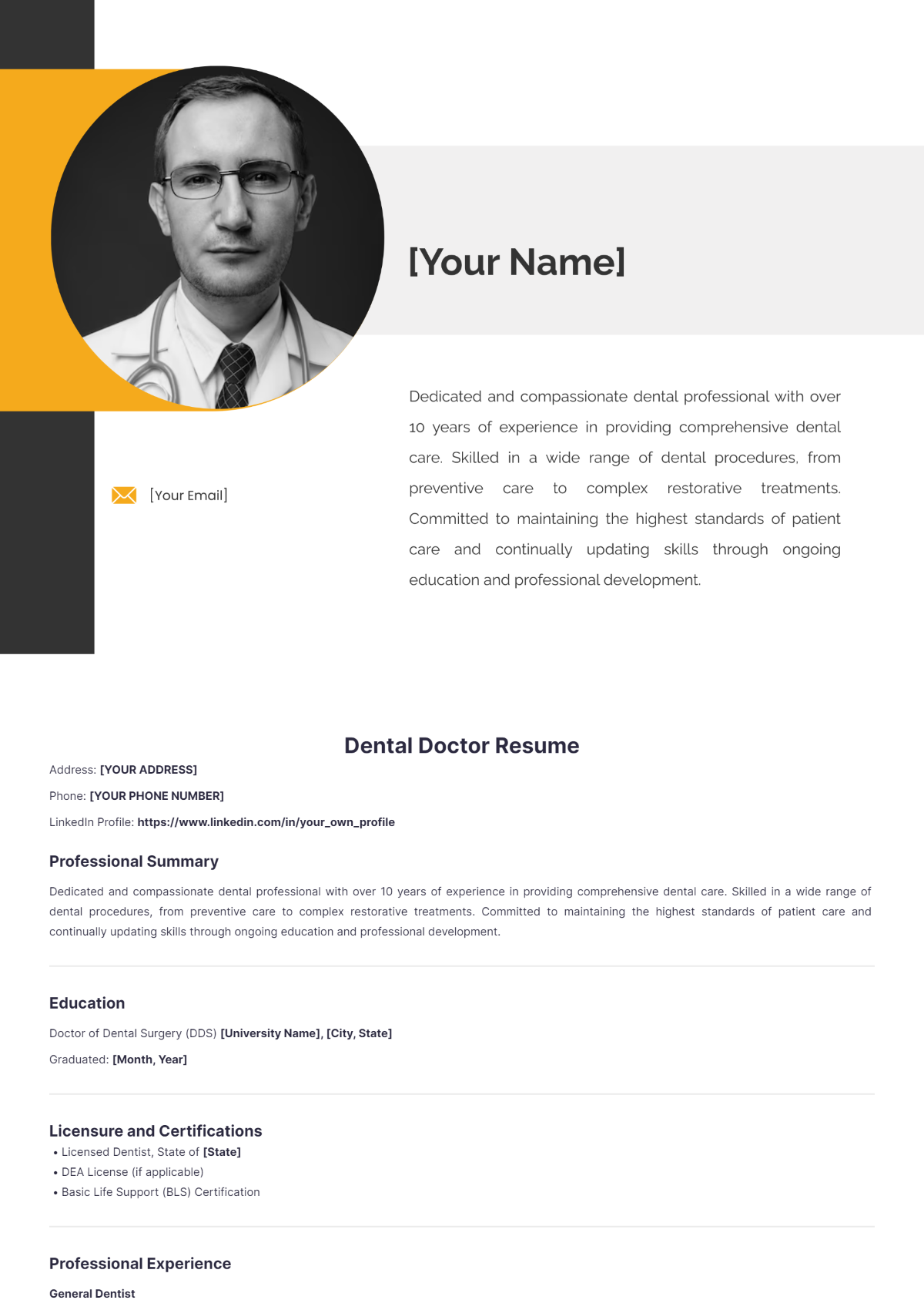 Dental Doctor Resume - Edit Online & Download