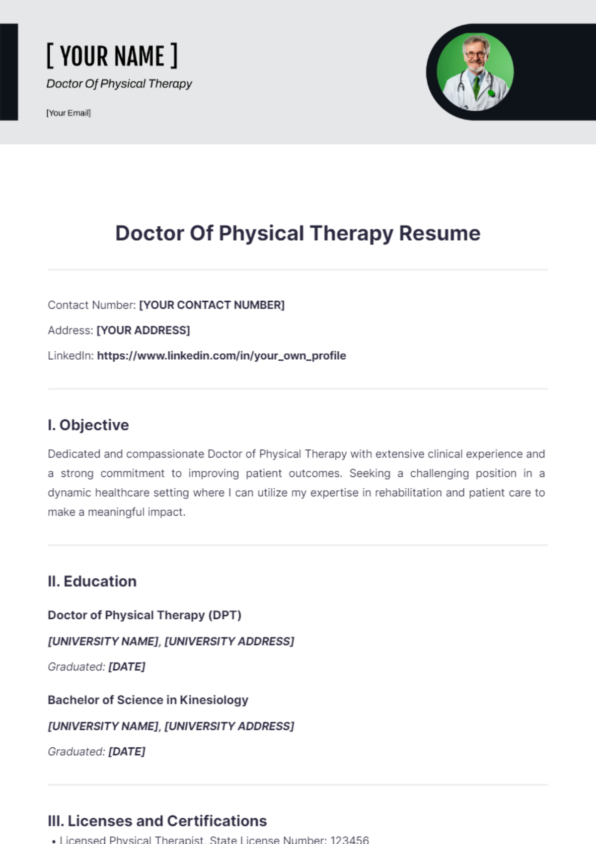 Doctor Of Physical Therapy Resume - Edit Online & Download