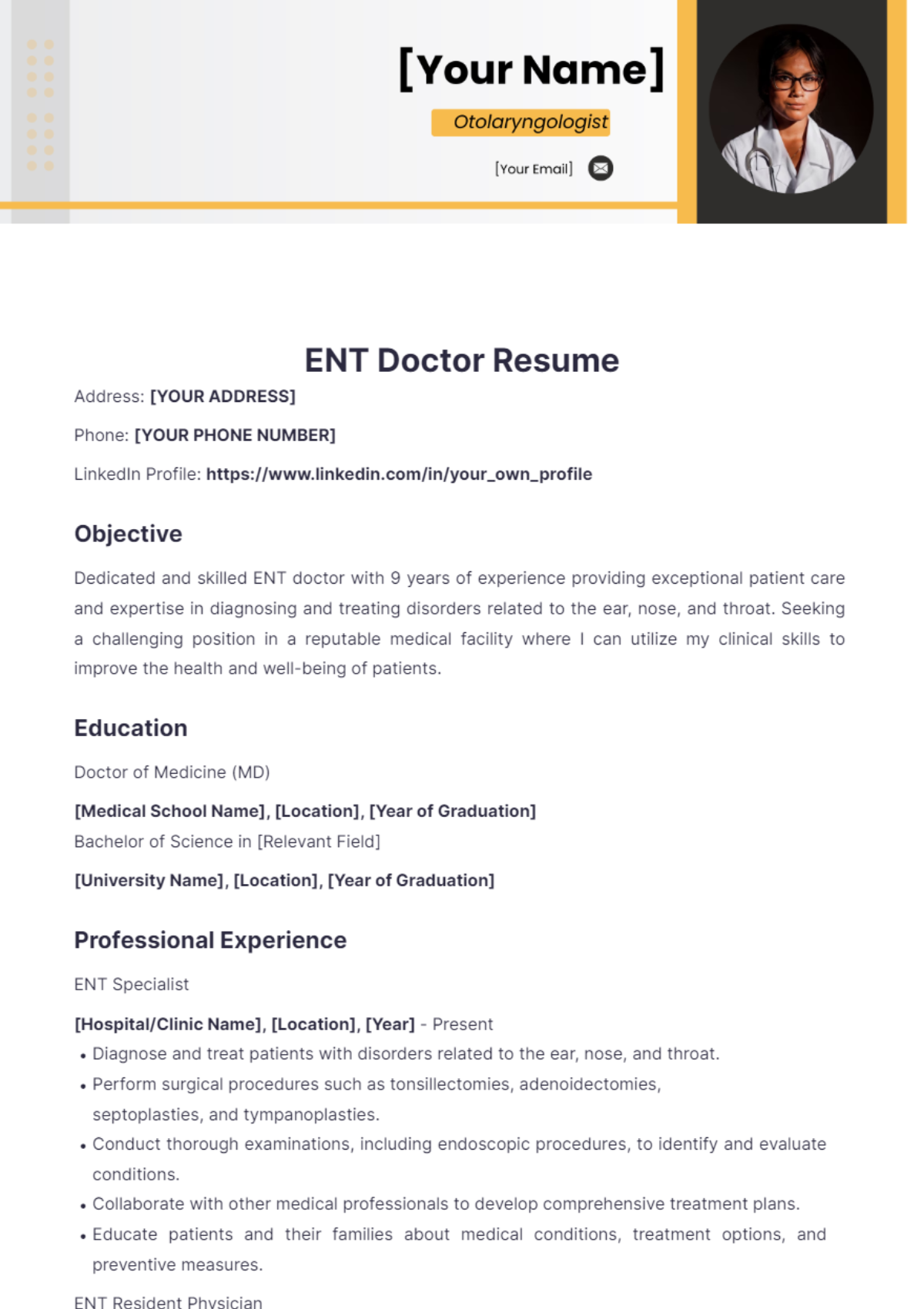 ENT Doctor Resume - Edit Online & Download