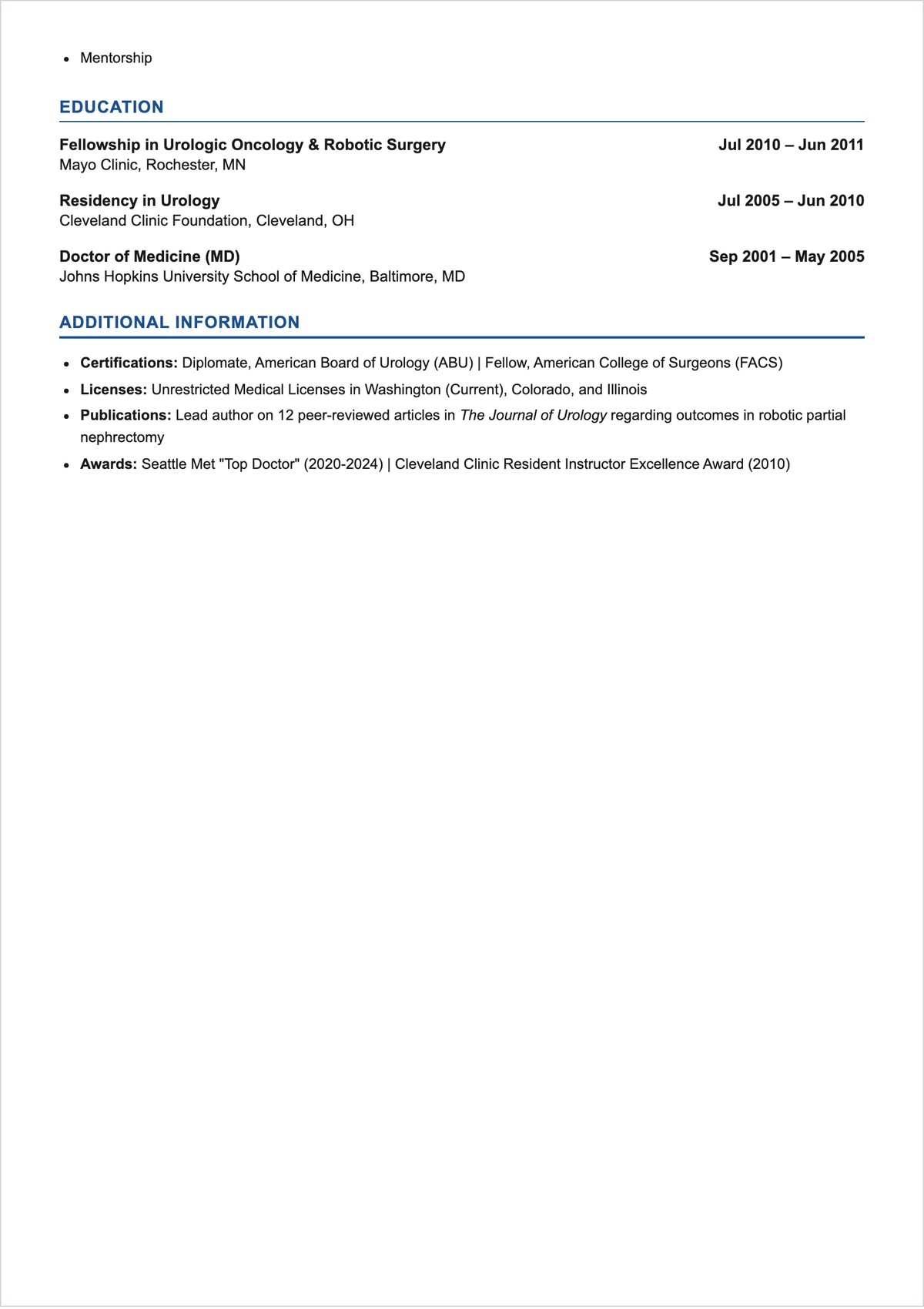 Free Urologist Doctor ATS Resume Template, AI Resume Builder