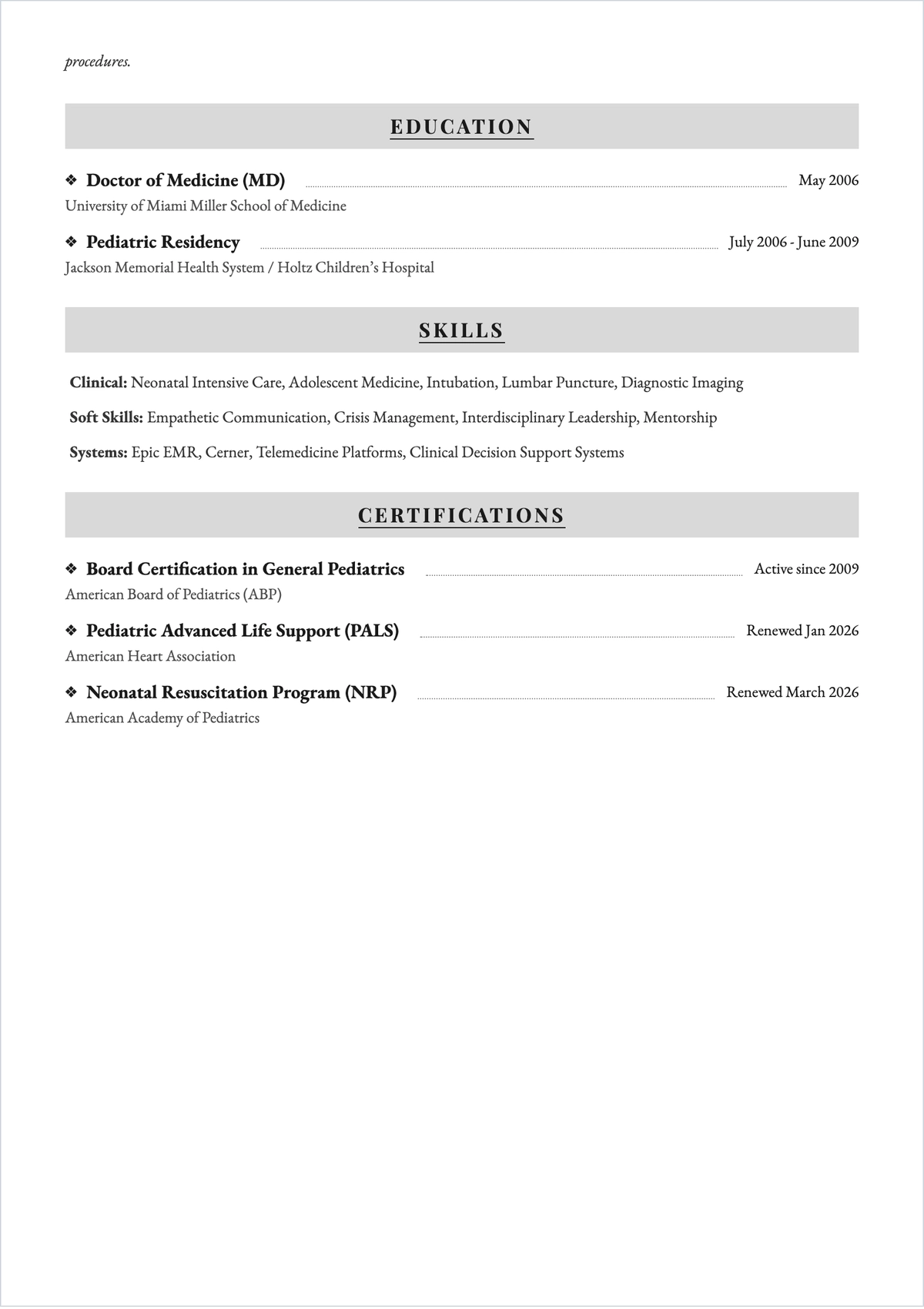 Free Pediatric Doctor ATS Resume Template, AI Resume Builder