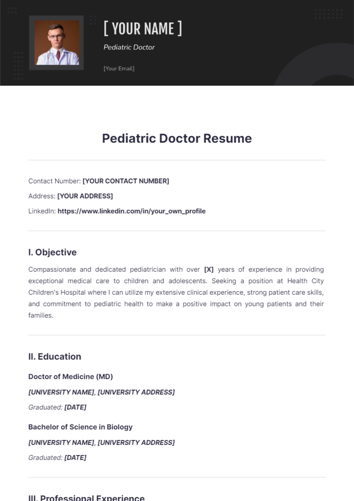 Free Pediatric Doctor Resume Template - Edit Online & Download ...