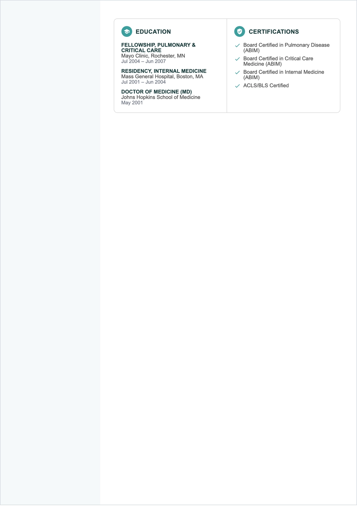 Free Pulmonologist Doctor ATS Resume Template, AI Resume Builder