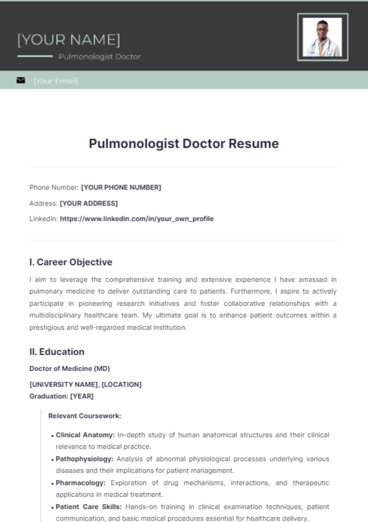 Pulmonologist Doctor Resume - Edit Online & Download