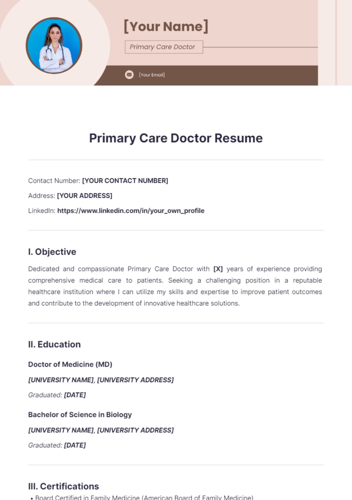 Free Primary Care Doctor Resume Template to Edit Online