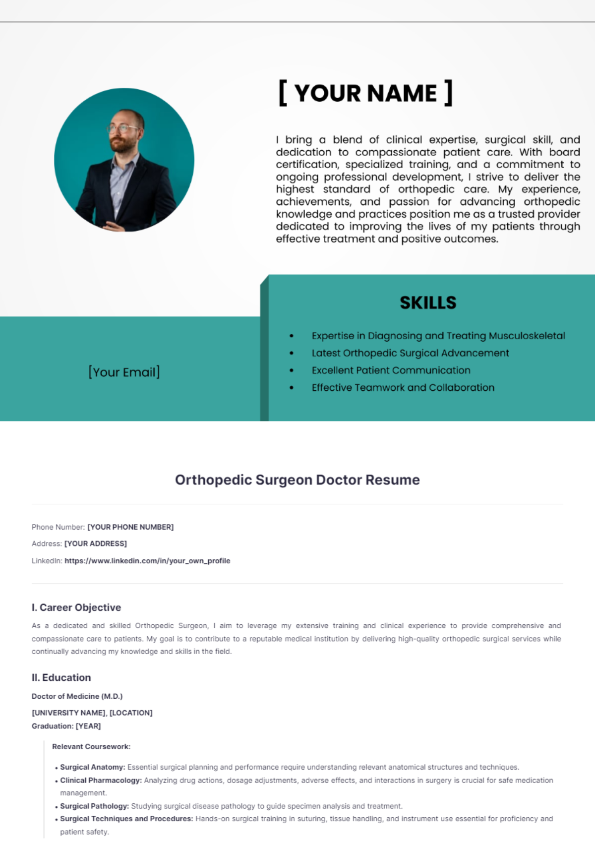 Orthopedic Surgeon Doctor Resume - Edit Online & Download