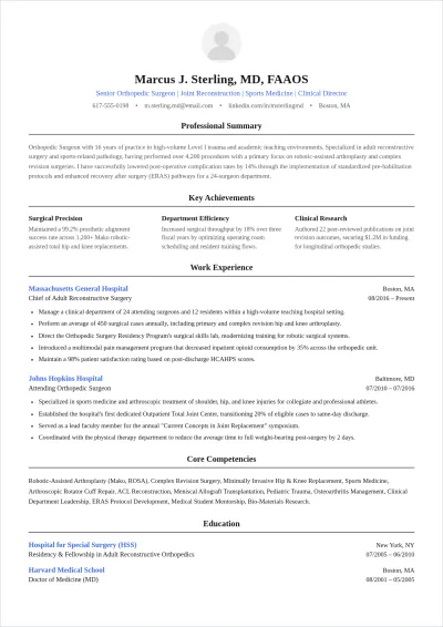 Free Orthopedic Surgeon Doctor ATS Resume Template, AI Resume Builder