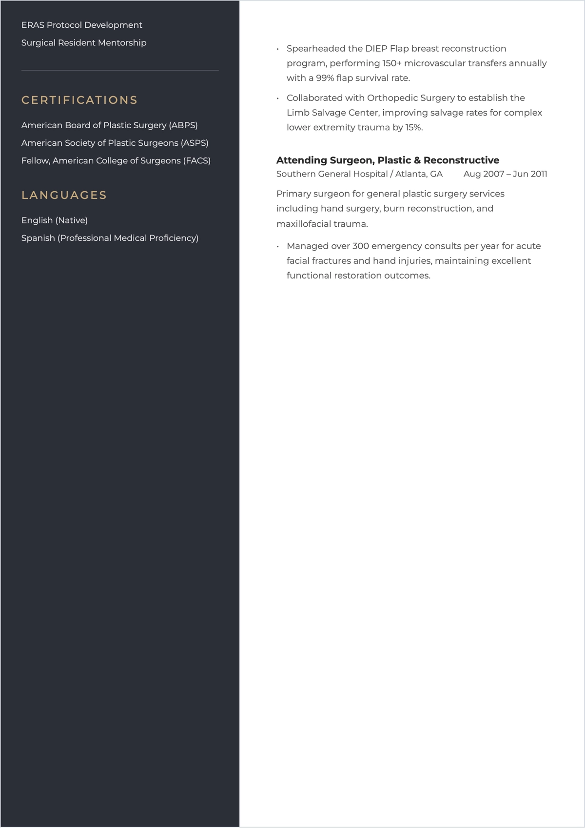 Free Plastic Surgeon Doctor ATS Resume Template, AI Resume Builder