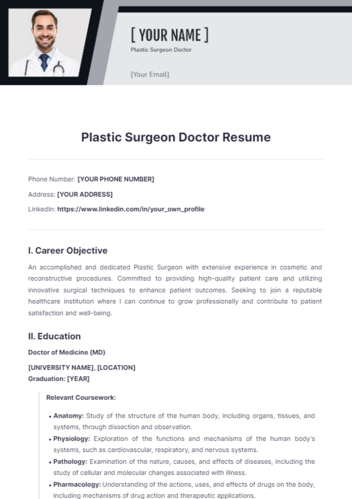 Plastic Surgeon Doctor Resume - Edit Online & Download