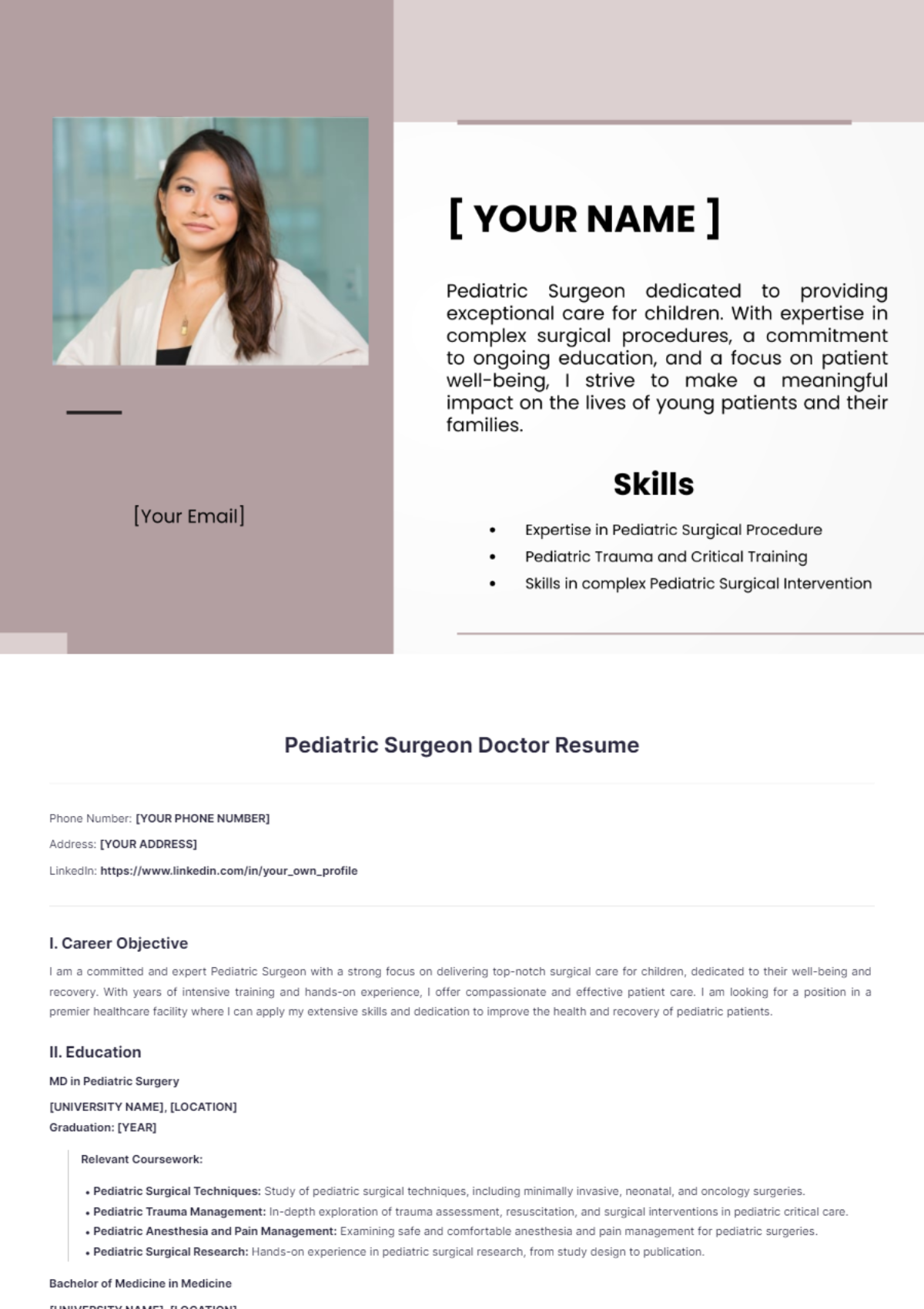 Pediatric Surgeon Doctor Resume - Edit Online & Download