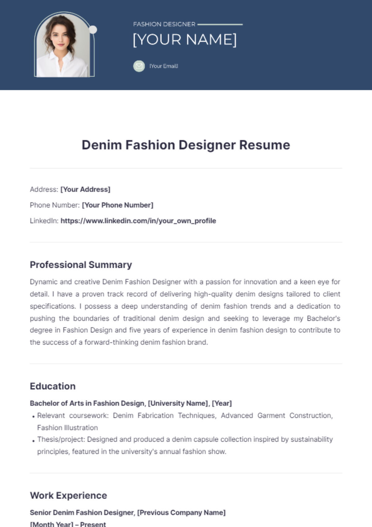 Denim Fashion Designer Resume - Edit Online & Download