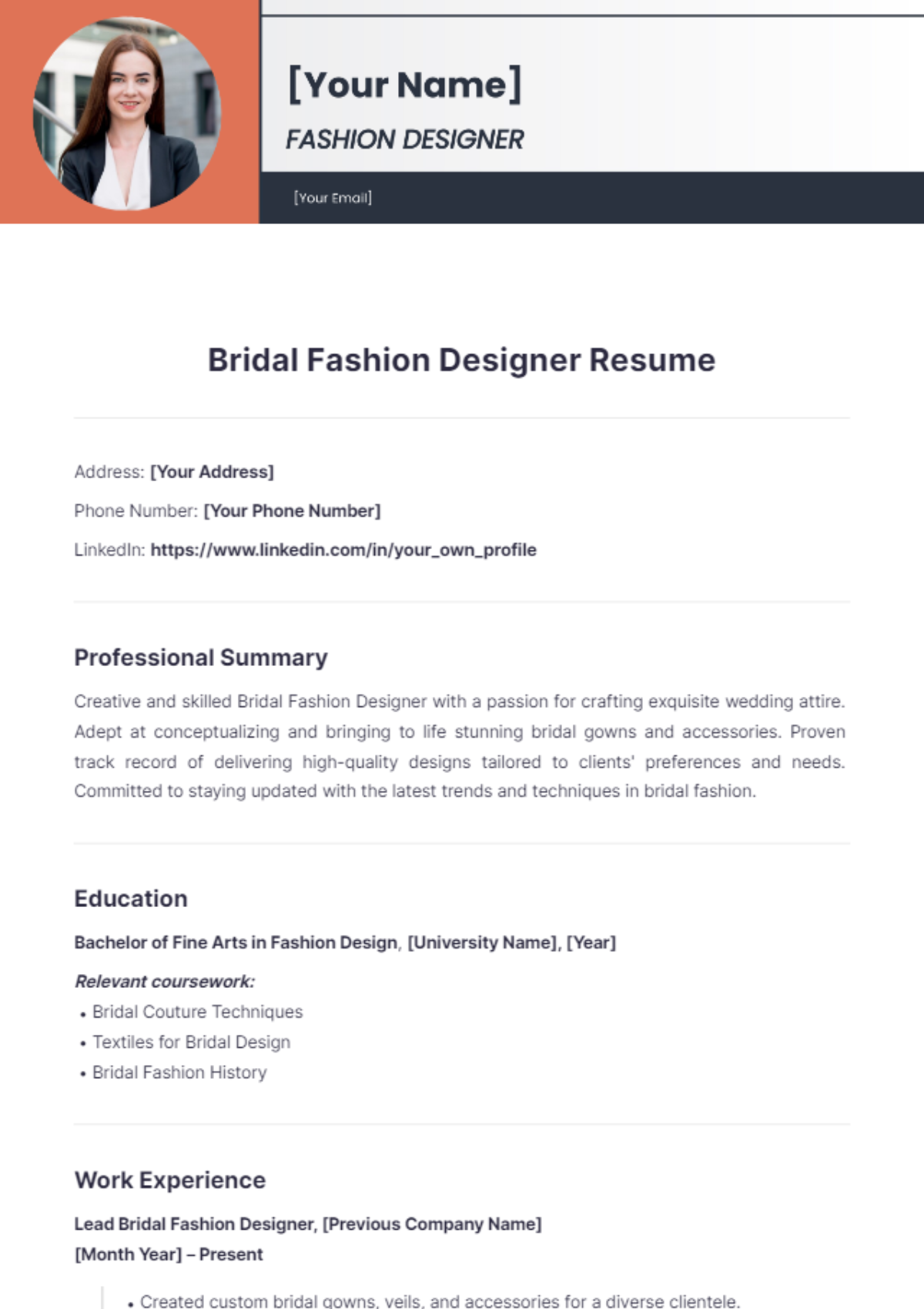 Bridal Fashion Designer Resume - Edit Online & Download