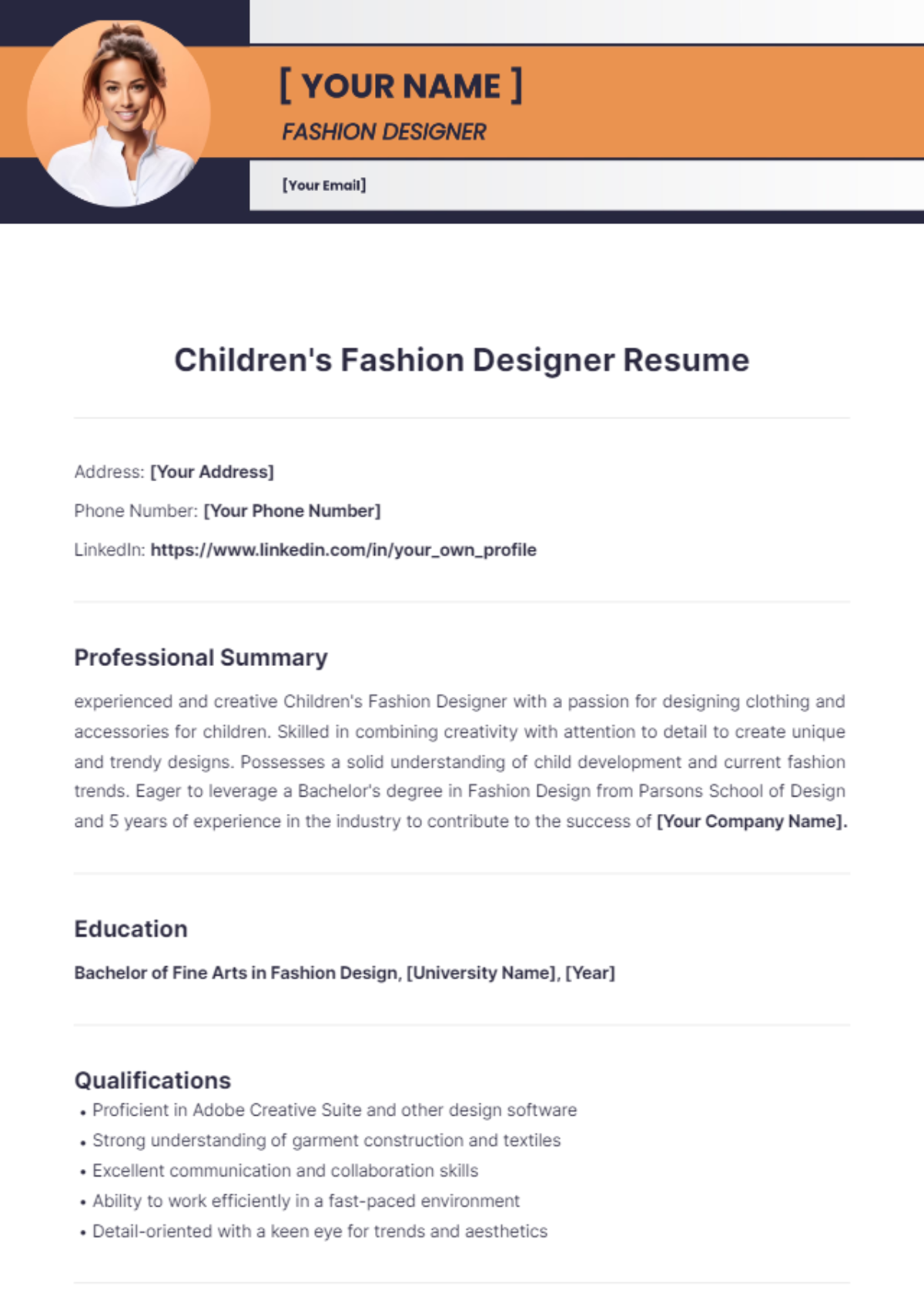 Children's Fashion Designer Resume - Edit Online & Download