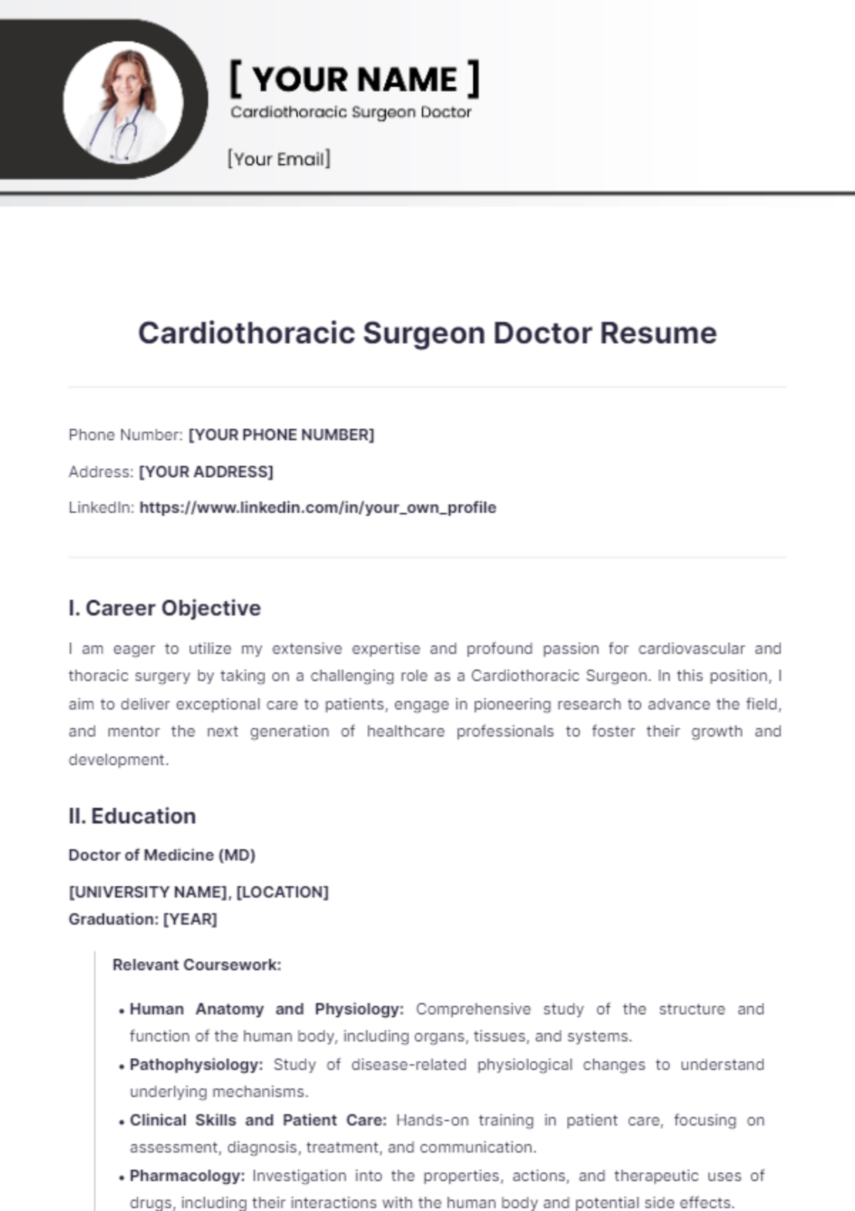 Cardiothoracic Surgeon Doctor Resume - Edit Online & Download