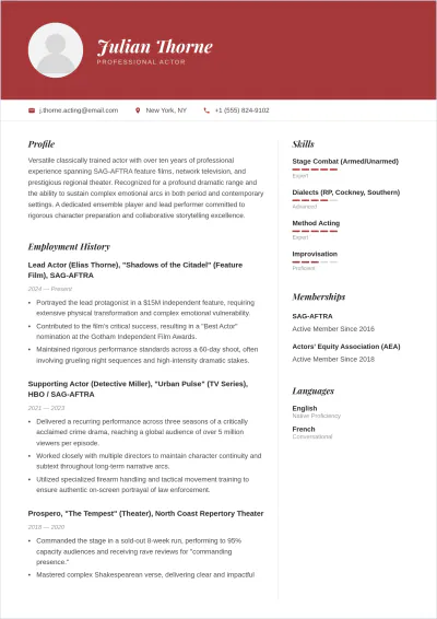 Free Actor ATS Resume Template, AI Resume Builder