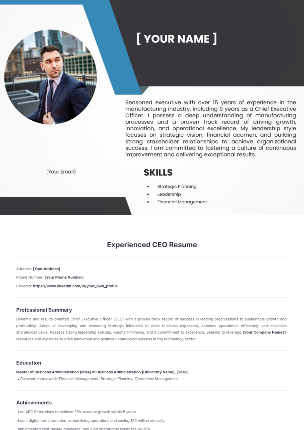 Experienced CEO Resume - Edit Online & Download