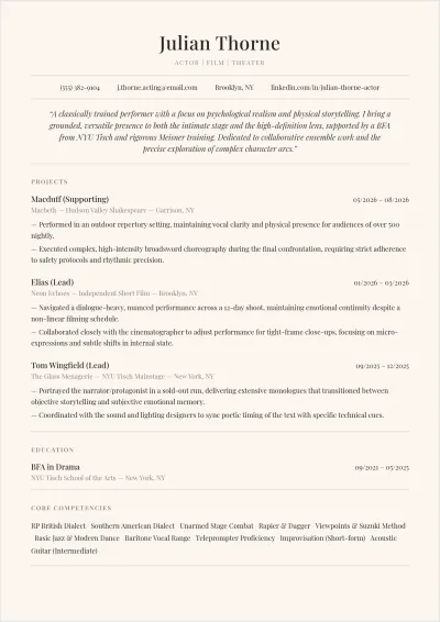 Free Beginner Actor ATS Resume Template, AI Resume Builder
