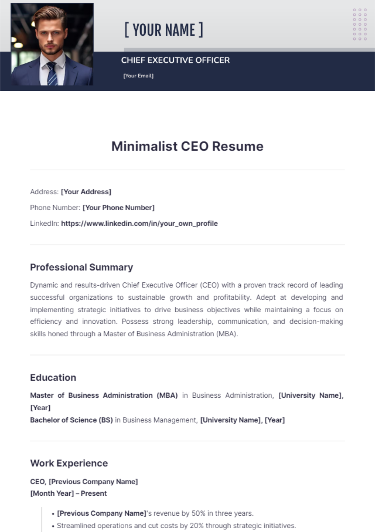 Minimalist CEO Resume - Edit Online & Download