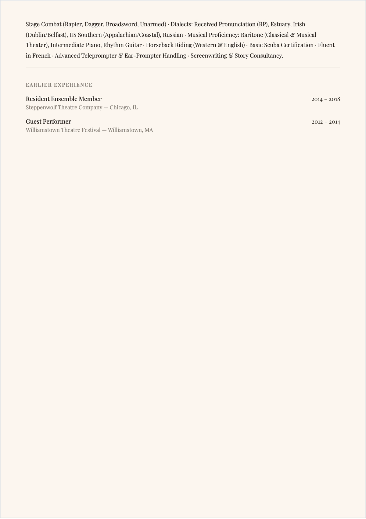 Free Experienced Actor ATS Resume Template, AI Resume Builder