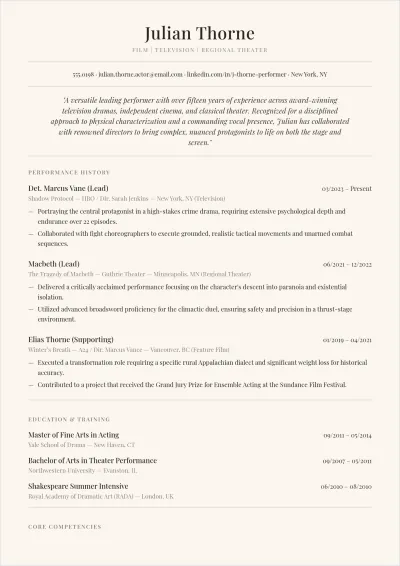 Free Experienced Actor ATS Resume Template, AI Resume Builder
